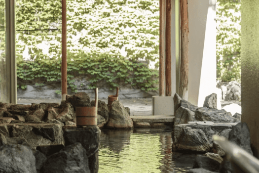 【女性に嬉しい美肌の湯／露天風呂】自然の音色をBGMに、美しい景色を心の寶（たから）に。山々と渓谷に抱かれ、清々しい湯浴みをお愉しみくださいせ。