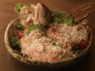 【Soy Sashimi】 The glossy flesh is beautifully accented by grated mountain wasabi, resembling snow.