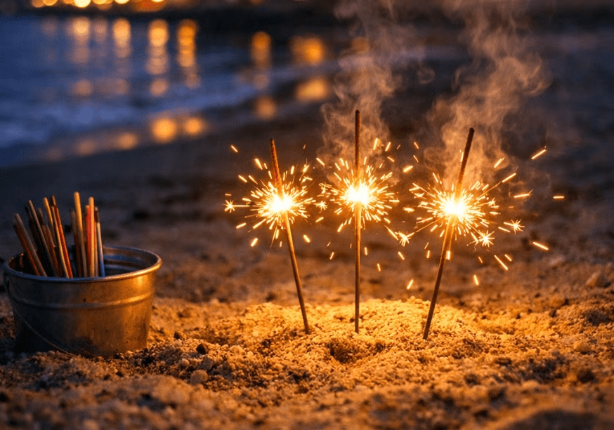 【夏季限定】夏の夜にきらめく手持ち花火。ぱちぱちと弾ける光が手元を照らし、家族や友人との笑顔がそっと浮かぶ、心に残る小さな夏の思い出が広がります。
