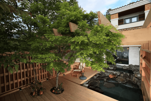 もみじの季節は朱色に染まる本館露天のかえでの木。