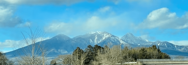 中央道八ヶ岳の冬の初め。時期を少しずつ過ぎていくと、白色に、春～夏は緑、秋はオレンジに色ずきます