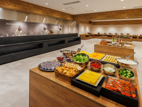 【朝食バイキング】ライブキッチン、郷土料理、和食、洋食、中華、サラダ、デザート等、料理は約40種類♪