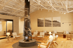 軽井沢の原風景と響き合う、HACIENDA KARUIZAWAのロビー。エントランスを抜けると、まず暖炉の火が迎えます。ウェグナーのラウンジチェアやシェーカーロッキングチェアに身を委ね、炎を眺め
る時間が旅の緊張をやわらかく解きほぐします。