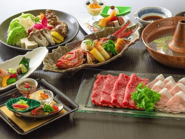 静岡県産あしたか牛と白糸ポークのしゃぶしゃぶ（一例）