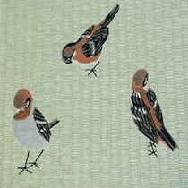 Embroidered tatami featuring winter sparrows, displayed during the winter season only.
