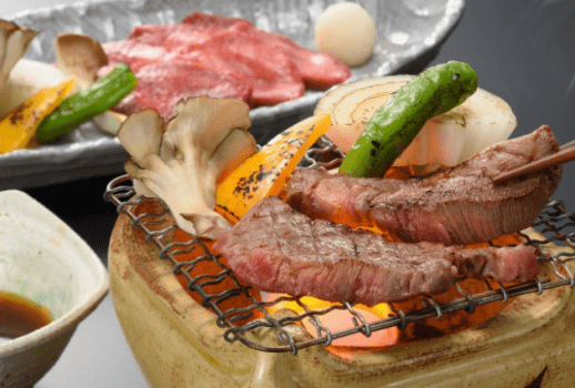 仙台黒毛和牛（こちらは網焼き画像です）プランは陶板焼きです。