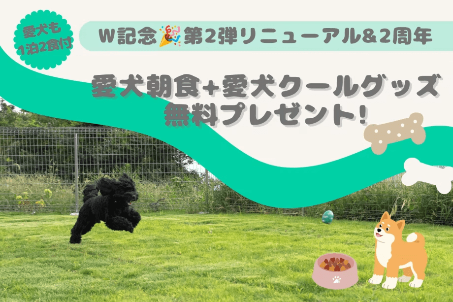 【先着50名限定】W記念🎉リニューアル＆2周年の感謝プラン｜【第2弾】愛犬も1泊2食付き！愛犬朝食+愛犬用COOLグッズプレゼント〈1泊2食付き〉