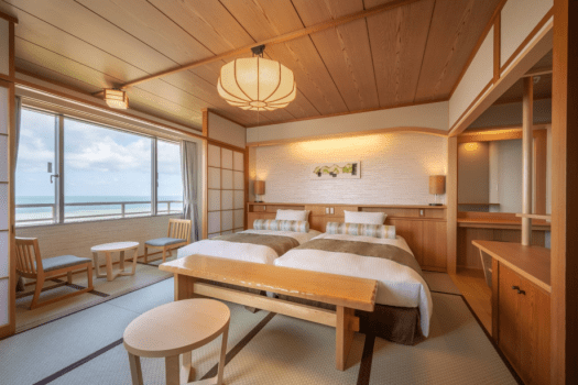 [Non-Smoking] Oceanfront Japanese-Style Room with Sea of Japan View [Premium Twin Beds]