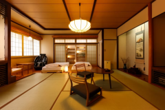 Bタイプ　「岩鏡」　日本の伝統的な佇まいにモダンなテイストを織り交ぜたお部屋です。お布団にはイタリア・マニフレックス社製のマットレスを使用した睡眠にこだわったお部屋です。