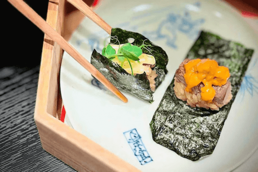 昴会席（前菜）竹の子木の芽・銀鱈西京焼・黒毛和牛ヘレ肉磯辺寿司・鮑旨煮