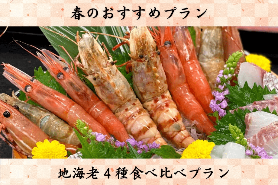 【春／限定】天然地海老のお造り４種食べ比べ♪活鮑の踊り焼きも！ ＜地海老会席プラン＞