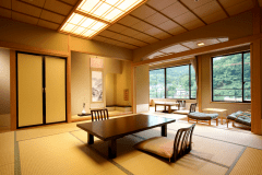 【東館デラックス】当館の中で一番新しい館。川の風景を望む客室と庭園を望む客室がございます。