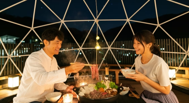 星空、川のせせらぎの下、信州プレミアム牛のすき焼きに舌鼓♪