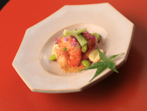 夏の季節会席イメージ：彩り豊かな旬野菜とともに爽やかに味わう厳選の食材。夏の涼をさそう一品も、料理人の手業で丁寧に仕上げています。