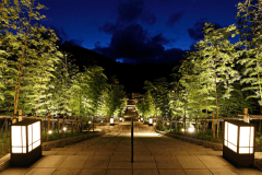 竹林の階段：両サイドに竹林を植えた階段は長門湯本温泉の中心地にあり、夜になるとライトアップをお愉しみいただけます。