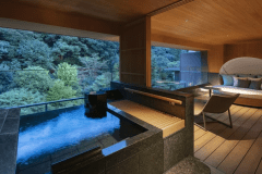 【露天風呂付・庭園側】大谷山荘スイート：源泉かけ流しの温泉を、心ゆくまでお愉しみいただける露天風呂。一面に見渡せる緑の山々に癒されます。