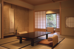 和室10畳＋寝室8畳＋広縁
温泉掛流し露天風呂付客室「早蕨（さわらび）」68平米全1室
温泉掛け流し露天風呂と和の室礼、京都「唐長」京唐紙の和室と寝室。
和の佇まいのゆったり過ごせるお部屋。
山もみじの緑に染まる湯が流れゆく、癒しのひとときをお過ごしください。