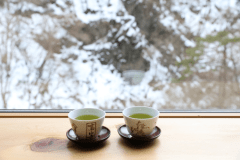 窓辺のカウンターで渓谷を望みながら思い思いの時間を