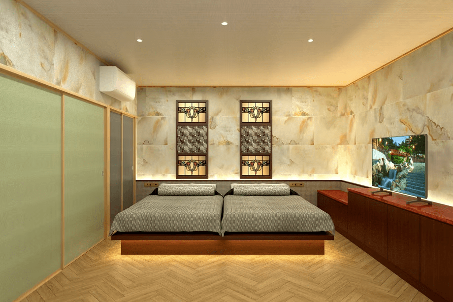 【完成イメージ】ステンドグラス輝く寝室とシモンズベッド [801号室]