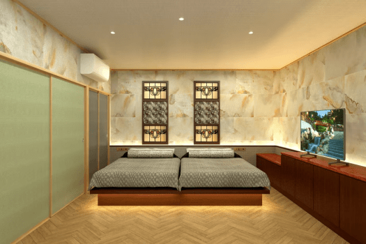 【完成イメージ】ステンドグラス輝く寝室とシモンズベッド [801号室]