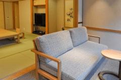 Sunny sunroom. Wooden lattice sofa bench. [501]