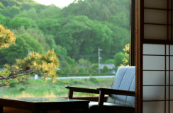 本館2階和室から望む風景。ＢＧＭは、中津川のせせらぎ。