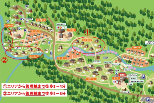 各リバーロッジから管理棟まで
