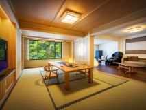 ★2022年1月リニューアル★ ＜渓谷側＞【プレミアムスイート(57平米) 展望風呂付】禁煙
自家源泉の展望風呂、広々とした和室。プライベートな時間を思う存分愉しむ非日常をごゆるりと＿。