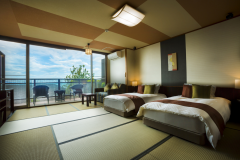 <海側>展望デッキ&シモンズ製ベッドタイプ(和室14畳) <海側>展望デッキ&シモンズ製ベッドタイプ(和室14畳)