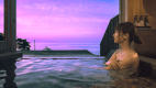 【客室温泉露天風呂】夕日が沈んだ後のマジックアワーの日本海を一望、まるで海に浮かんでいるような感覚。