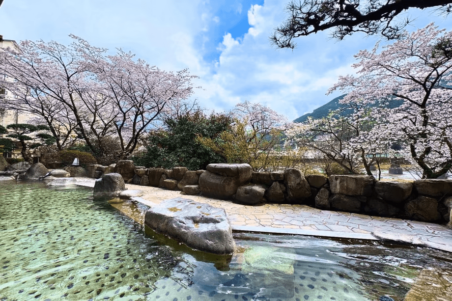 【お花見露天】青空と雲と桜のコントラストが映える4月の露天風呂。名湯と合わせてお楽しみ下さい。