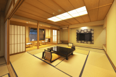 東館1階貴賓室です。
テレビは客室最大サイズ65インチです。