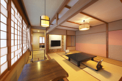 南館和室2間タイプ1例です。
入口入って右側に6帖、左側に12帖ほどのお部屋があります。