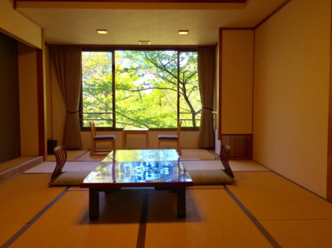 金華山、岐阜城を一望の和室10畳　四季を通じて自然の景色がお楽しみいただけます。春の桜、新緑は
テーブルや畳まで緑色に反射するほどの圧巻の美しさです。