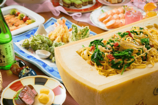 直径40cmのパルミジャーノチーズで絡める濃厚パスタ！菜の花と桜エビが香る、春の味をどうぞ♪