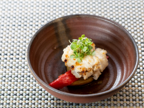 焼物　梅雨鱧の白焼き、加茂茄子、万願寺唐辛子