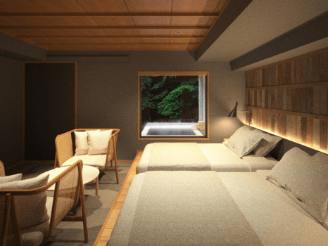 ～温泉露天風呂付き客室『孔雀殿・羽伸～UNO～』の露天風呂客室イメージ～
ローベッドやソファセットと琉球畳が調和したモダン和洋室