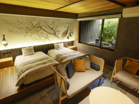 『羽伸』-UNO-Aタイプ
温泉露天風呂＋琉球畳和室＋ツインベッド（約26平米）のお部屋です。