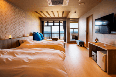 2022年3月NEW OPEN！露天風呂付客室【波音・壱】和洋モダンICHIRINルーム/シモンズ製ツインベット・小上がり畳床（イメージ）お部屋の確約は致しかねます。