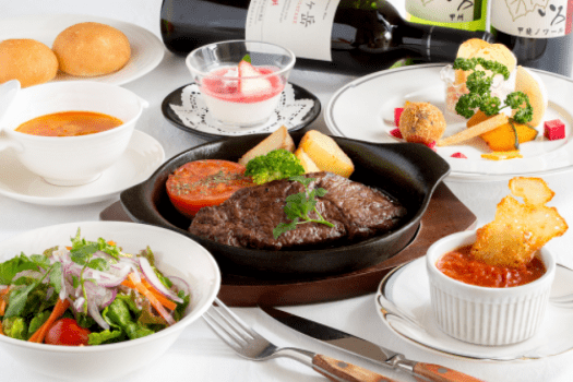 肉の旨みたっぷり柔らかな味のある170gの国産和牛鉄板ステーキコース《自家製和風ソース》