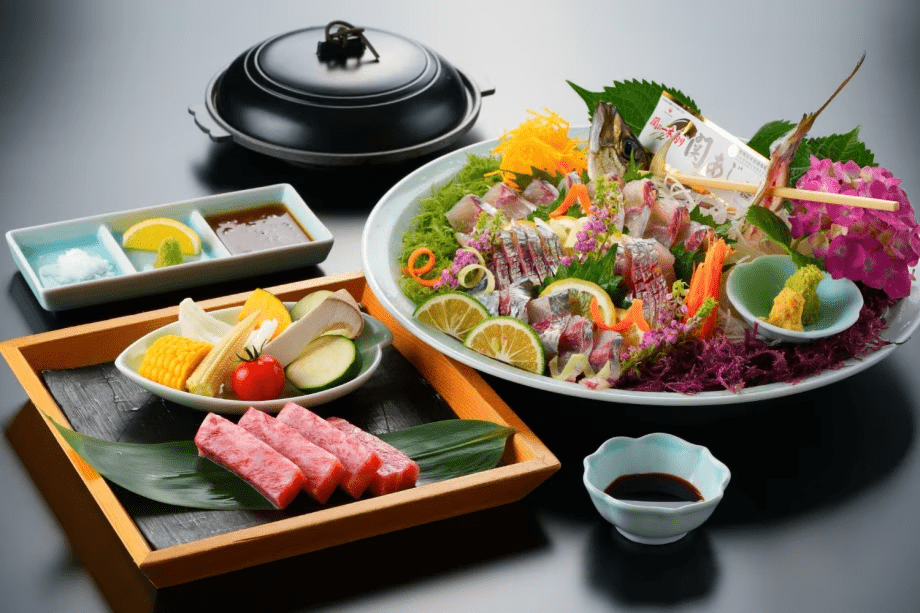 【お料理ランクアップ】二大特産!おおいた和牛の陶板焼き&佐賀関直送の関あじ姿造りの会席料理<夕食お食事処> 【お料理ランクアップ】二大特産!おおいた和牛の陶板焼き&佐賀関直送の関あじ姿造りの会席料理<夕食お食事処>