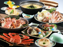 夕日ヶ浦でカニ料理【かにづくしデラックスプラン“茹で蟹付”】カニ刺しはタグ付松葉ガニ